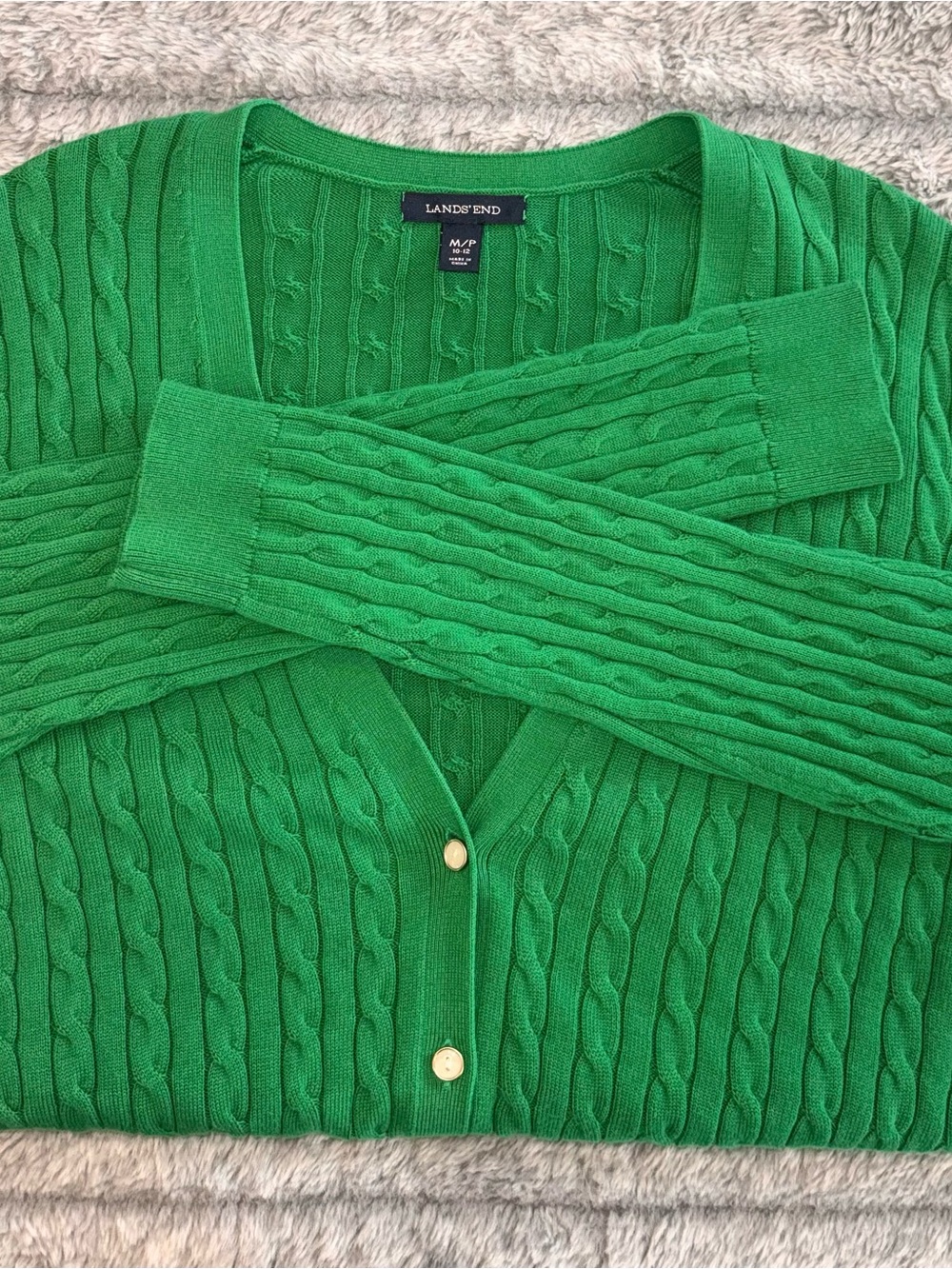 Lands' End Bright Green Cable Knit V‑Neck Button Cardigan - Picture 3 of 5